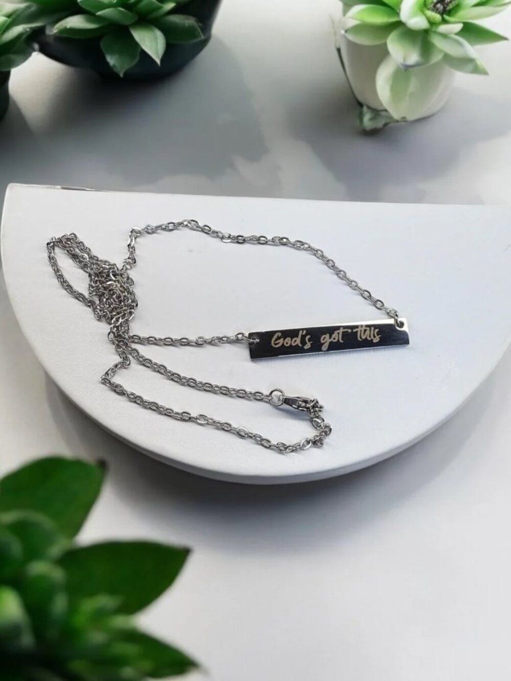 God's Got This Stainless Steel Laser-Engraved Bar Necklace